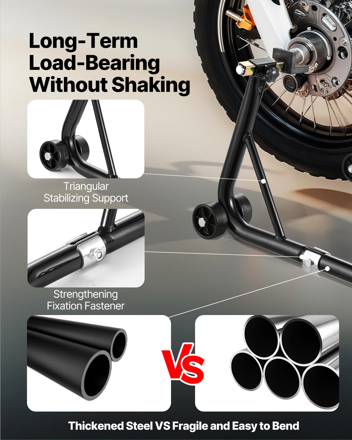 VEVOR Elevador de Caballete para Motocicleta, Capacidad de 500 kg, Soporte de Doble Horquilla para Rueda Delantera, Compatible con Yamaha, Honda y Suzuki, Negro. 770 x 590 x 350 mm