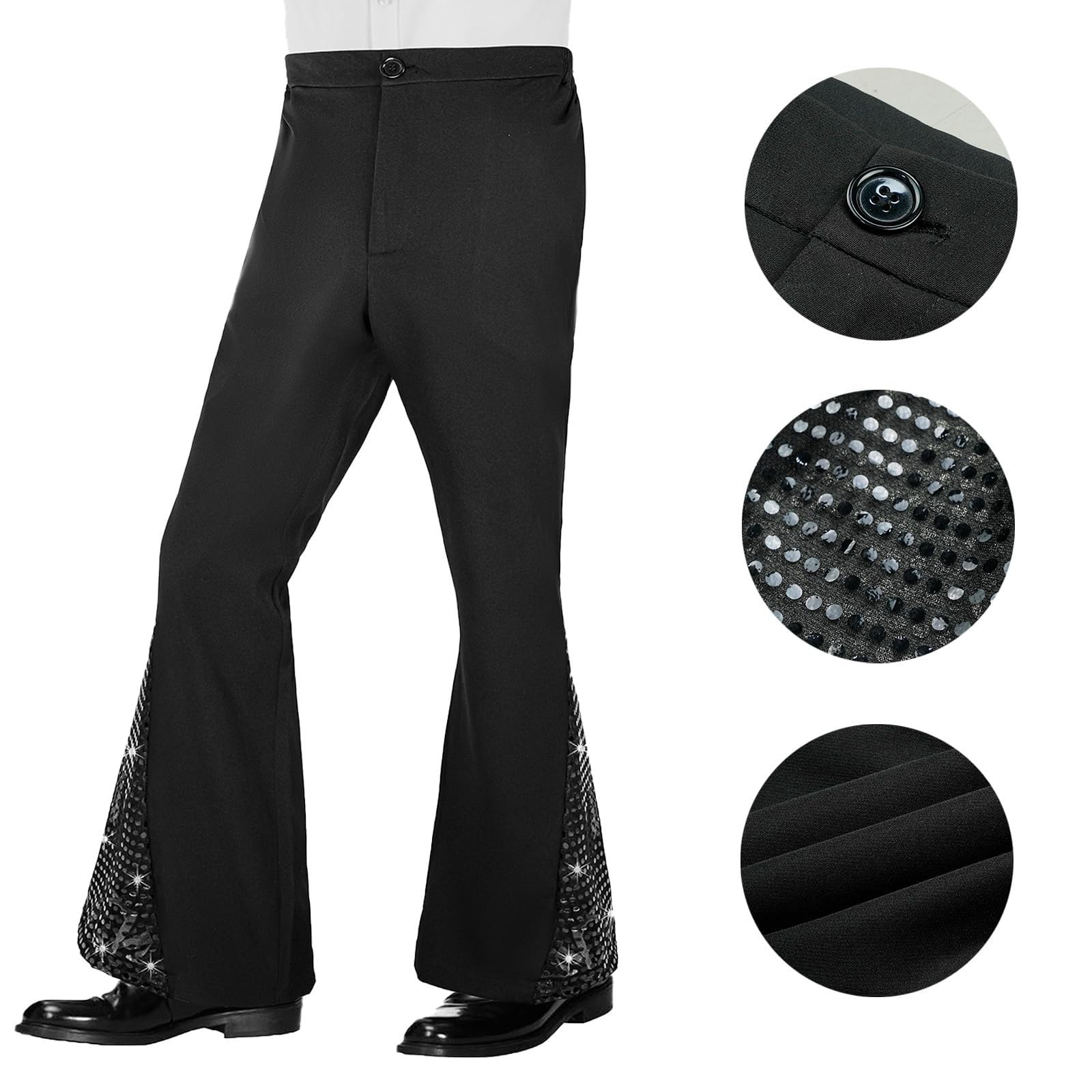 70er Jahre Disco Kostüm Set für Herren 6-teilig mit Hemd Schlaghose Perücke Sonnenbrille Halskette Schnurrbart 60s 70s 80s Party Fasching Halloween Karneval Kostüm