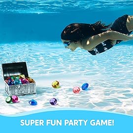 Sloosh Diving Gems Pool Toys,16 Big Colorful Diamond with Pirate Treasure Chest,Swim Dive Toy for Kids Underwater Gemstone Swimming Training Gift Water Toys Pool Games(Silver)