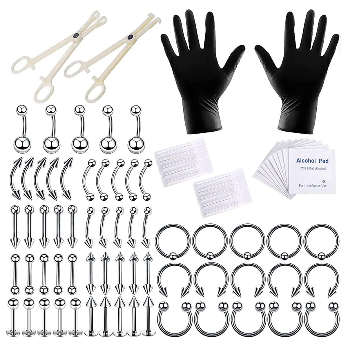 MAYCREATE84pcs Body Septum Piercing Kit Belly Piercing Kit Professional Stainless Steel for All Piercings Nose Tongue Lip Ear Eyebrow Cartilage Piercing Jewelry Piercing Needles Clamps Kits