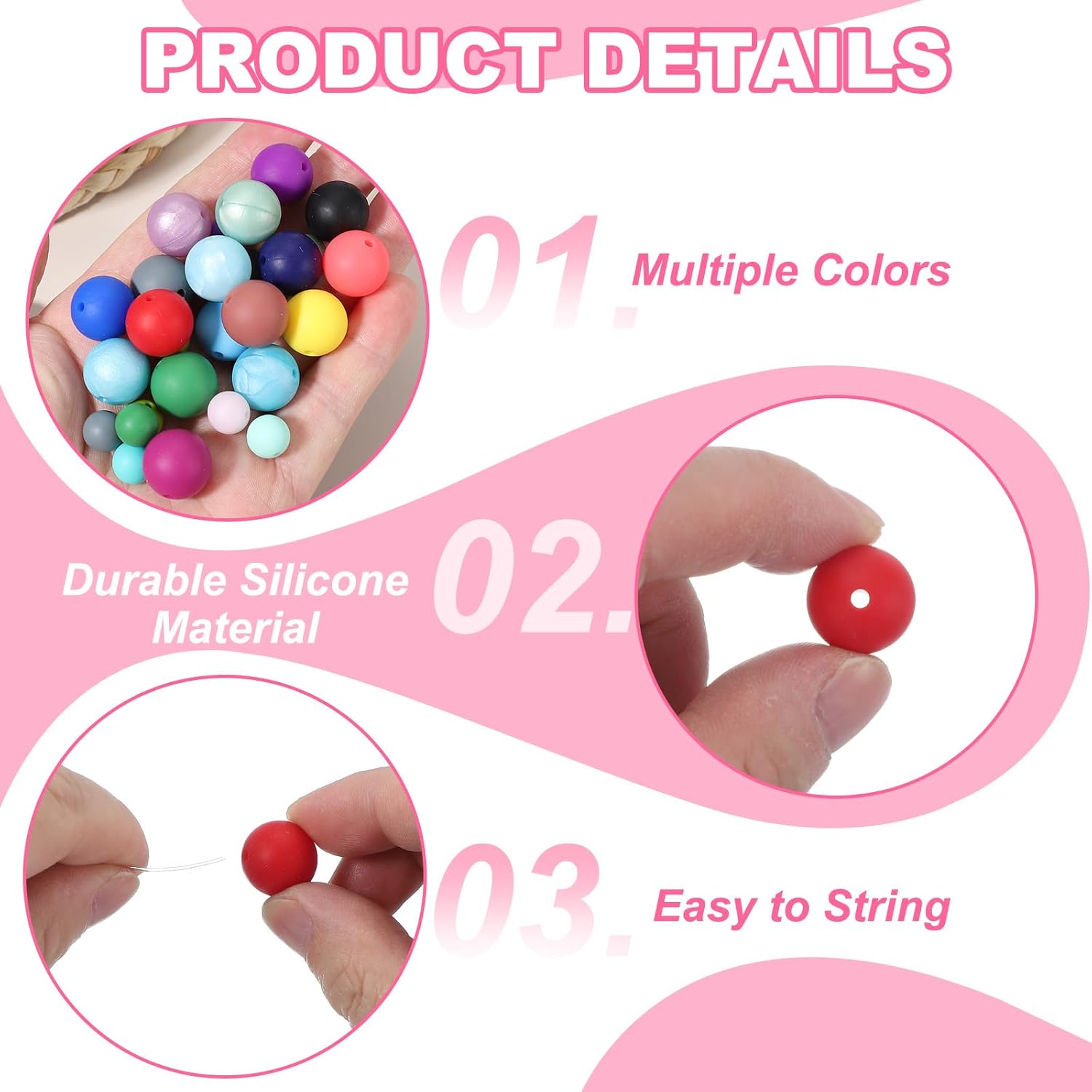 uxcell 60 Pcs Silicone Beads, 9mm Round Focal Beads Candy Color Bulk Loose Bead for Keychain Bracelet Necklace Pens Making DIY Crafts Supplies, Silver - Image 3