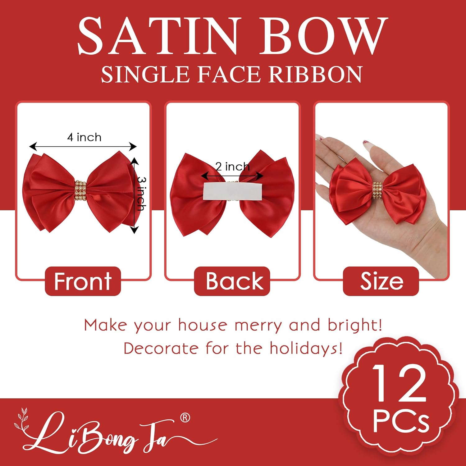 Red Bows 4'' Premade Satin Ribbon Bow, Red Gift Bows with Rhinestone, Wrapping Bows for Presents, Greeting Cards, Treat Bags, Wine Bottles, Valentines Bows for Gift Wrapping-12 Counts - Image 2
