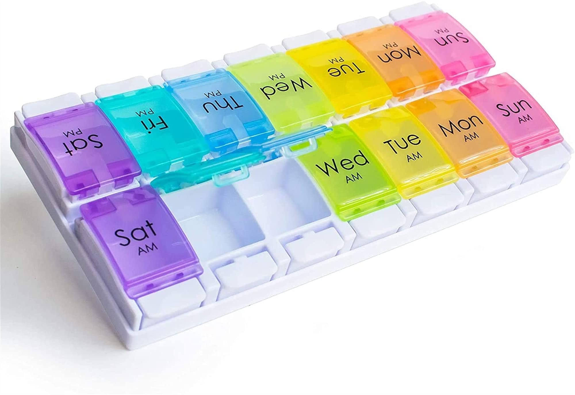 Caja de pastillas de plástico de 7 días con pastillero de dos piezas en color arcoíris para casa