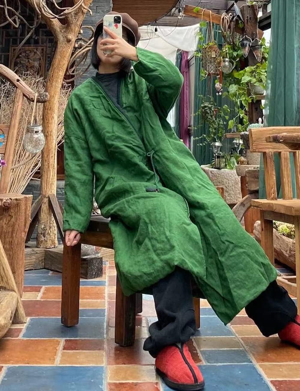 NFYM Women's Trench Coat Linen Cotton Quilted Open Front Wrap One Button Cardigan Loose Outwear Jacket