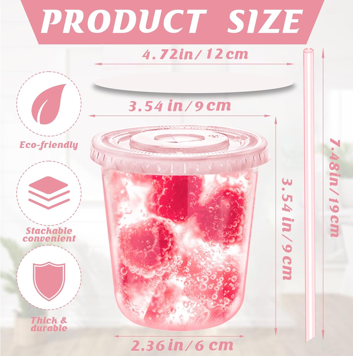 12oz Disposable Stemless Glasses with Flat Lids and Straws,PET Disposable Drinking Cups,Clear Plastic Wine Glasses for Parties Birthday,Wedding,Meeting,Christmas Party Supplies. (50, Pink) - Image 2