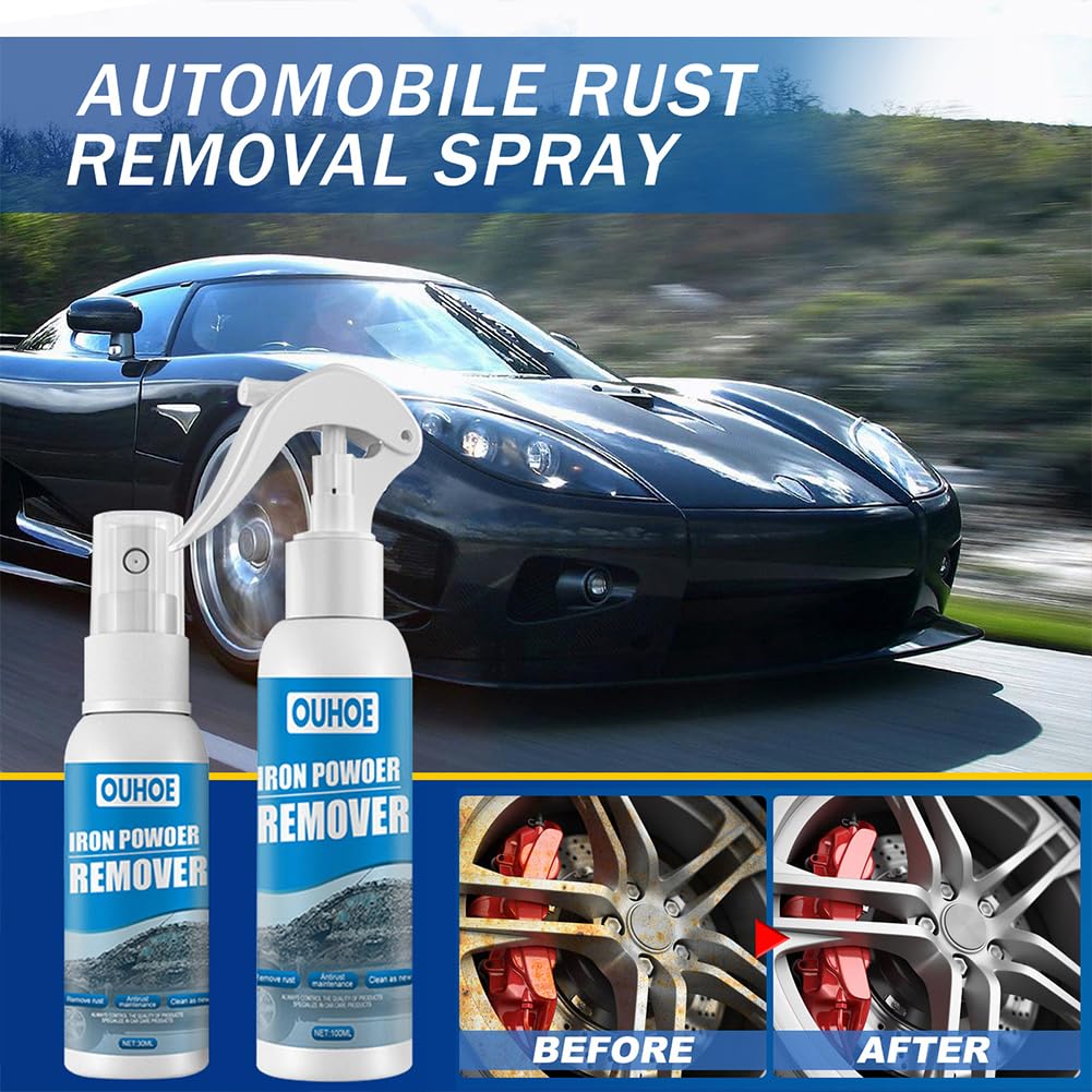 Camic OUHOE Iron Powder Remover, Car Rust Removal Spray per auto, Rust Inhibitor Derusting Spray, for Rust Removal of Various Metal Automobile (2p-30ml + 100ml)
