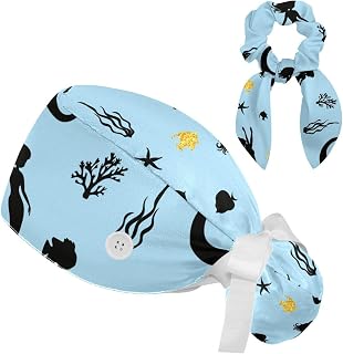 FVQL 2 Pieces Surgical Cap for Long Hair Scrub Cap with Hairband Nurse Cap, Mermaid Starfish Pattern