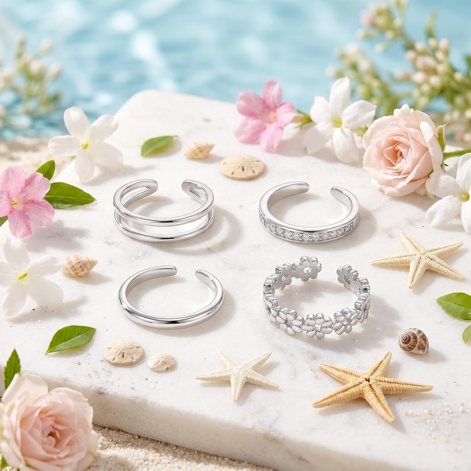 Tyqour Silver Toe Rings for Women Stainless Steel Toe Rings Adjustable Ring Set of 4 Non Tarnish Toe Rings Silver for Summer Beach Jewelry