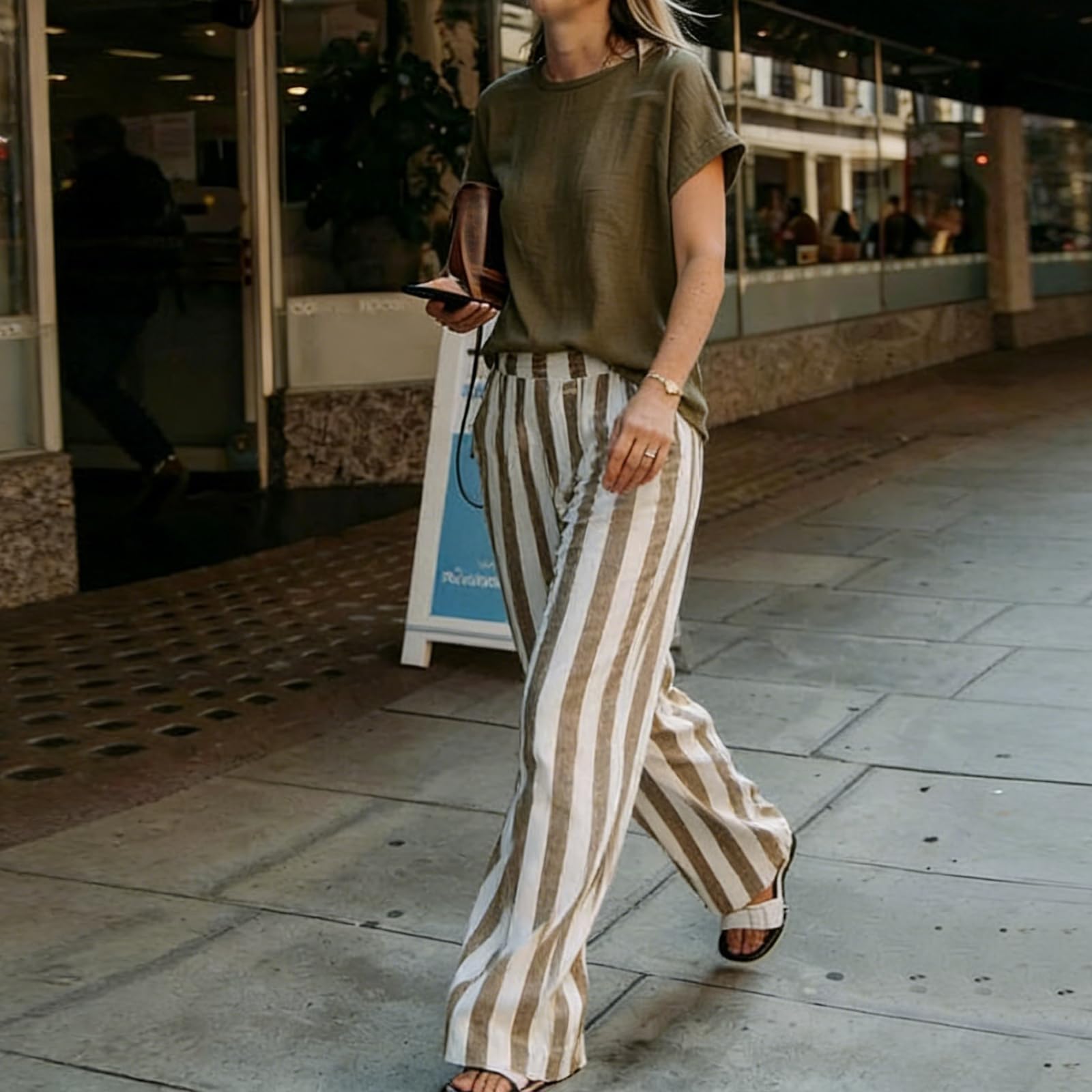 Generisch Conjunto de dos piezas de lino de algodón con rayas de corte holgado, camisa informal y pantalón clásico a rayas de pierna ancha