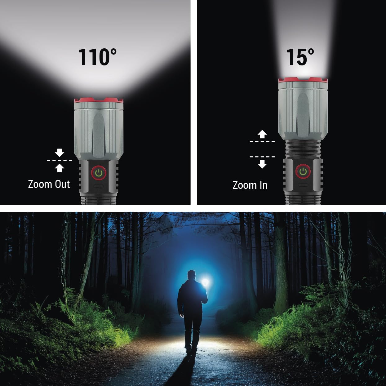 EMOS - LED-Metall-Taschenlampe mit Akku, Boost-Funktion, Powerbank und Zoom - wiederaufladbar, stoßbeständig, wasserdicht - superhell 3000lm, 300m - Handschlaufe - für Innen und Außen - schwarz-grau
