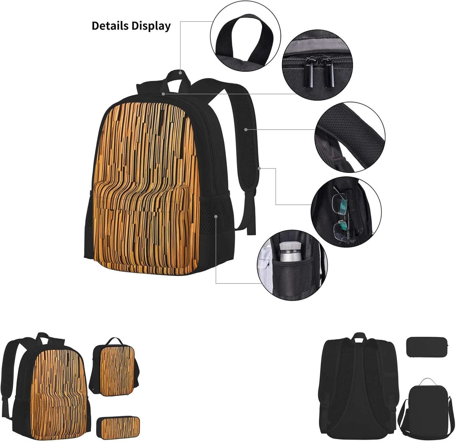 Wooden Wall Three-Piece Backpack Set With Pocket Backpack Cross-Body Lunch Bag Pen Bag For Travel Daypack