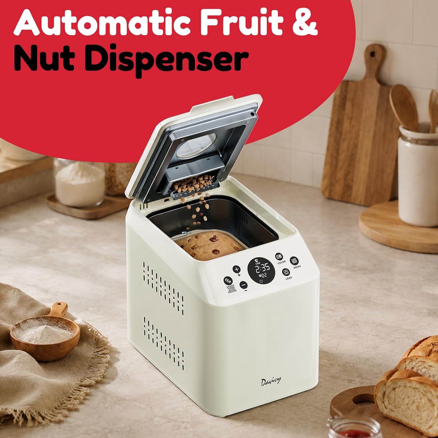 Davivy 3 LB Bread Maker, 20-in-1 Bread Machine with PFAS-FREE Ceramic Pan & Auto Fruit Dispenser, Quiet Motor, Dual Heaters, Stainless Steel Housing with Oven Mitts