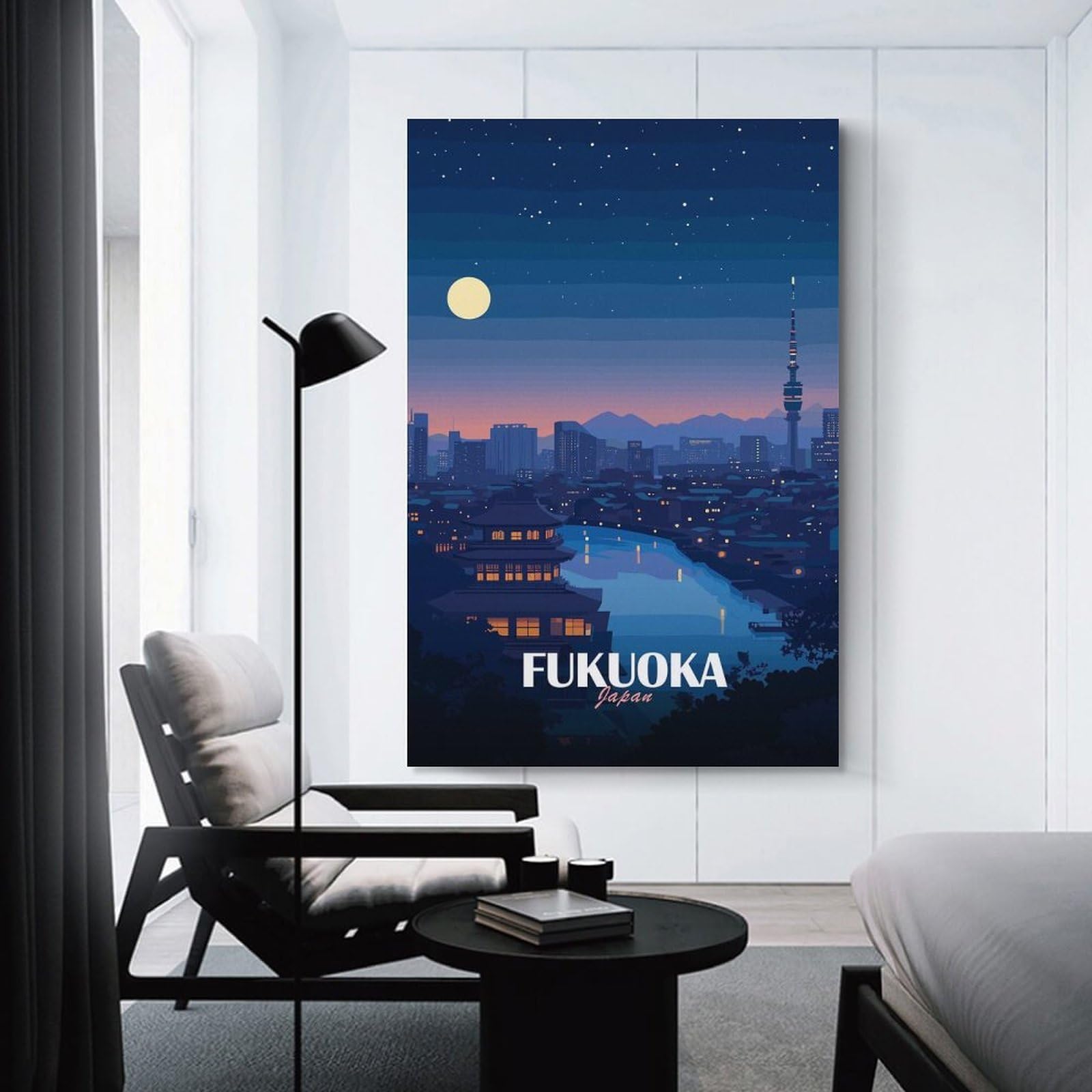 Junmoney Fukuoka Japan Night Cityscape Illustration Hanging Wall Art, 24x36inch(60x90cm), for Gallery Wall Decor And Room Displays, Home Wall Art for Statement Displays