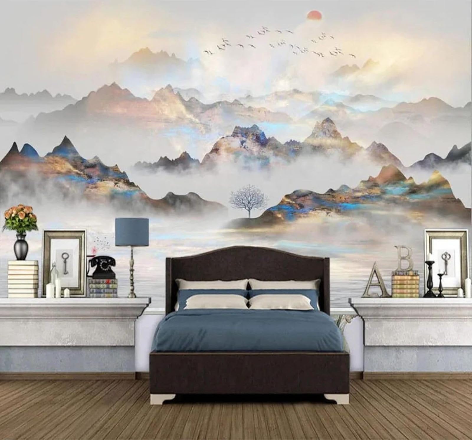 Xlming 350Cm×256Cm(B×H) Hand Drawn Ink Wash Landscape Sunrise Scenery 3D Wallpaper Luxury Home Dining Decor Paste Sofa Living Room The Wall For Bedroom Mural-350Cm×256Cm