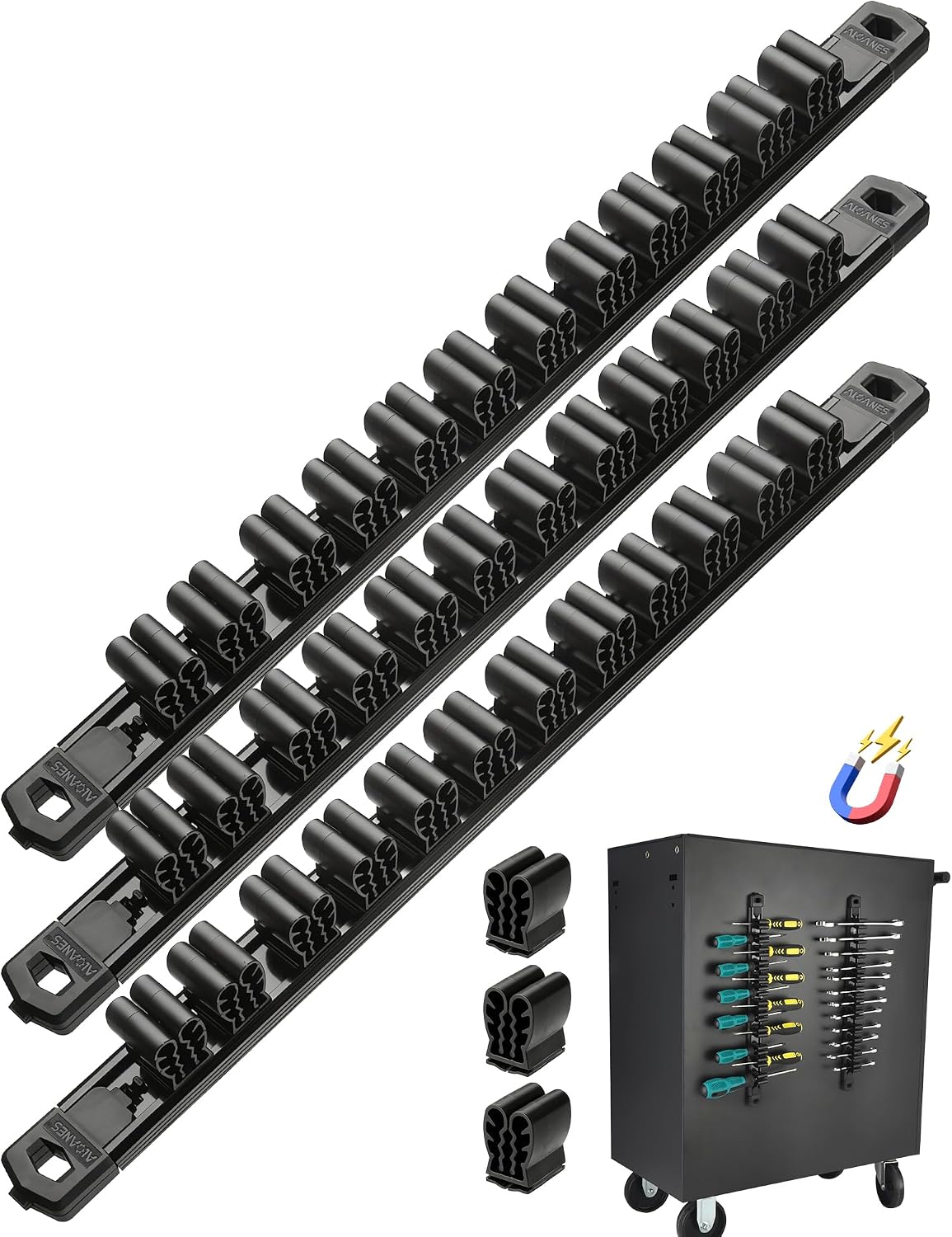 ALOANES 3PC Magnetic Screwdriver Organizer - 36 Slot Aluminum Alloy Rail for Toolbox & Metal Pegboard, Strong Magnetic Holder for Wrenches, Pliers, Workshop Garage Storage(Black)