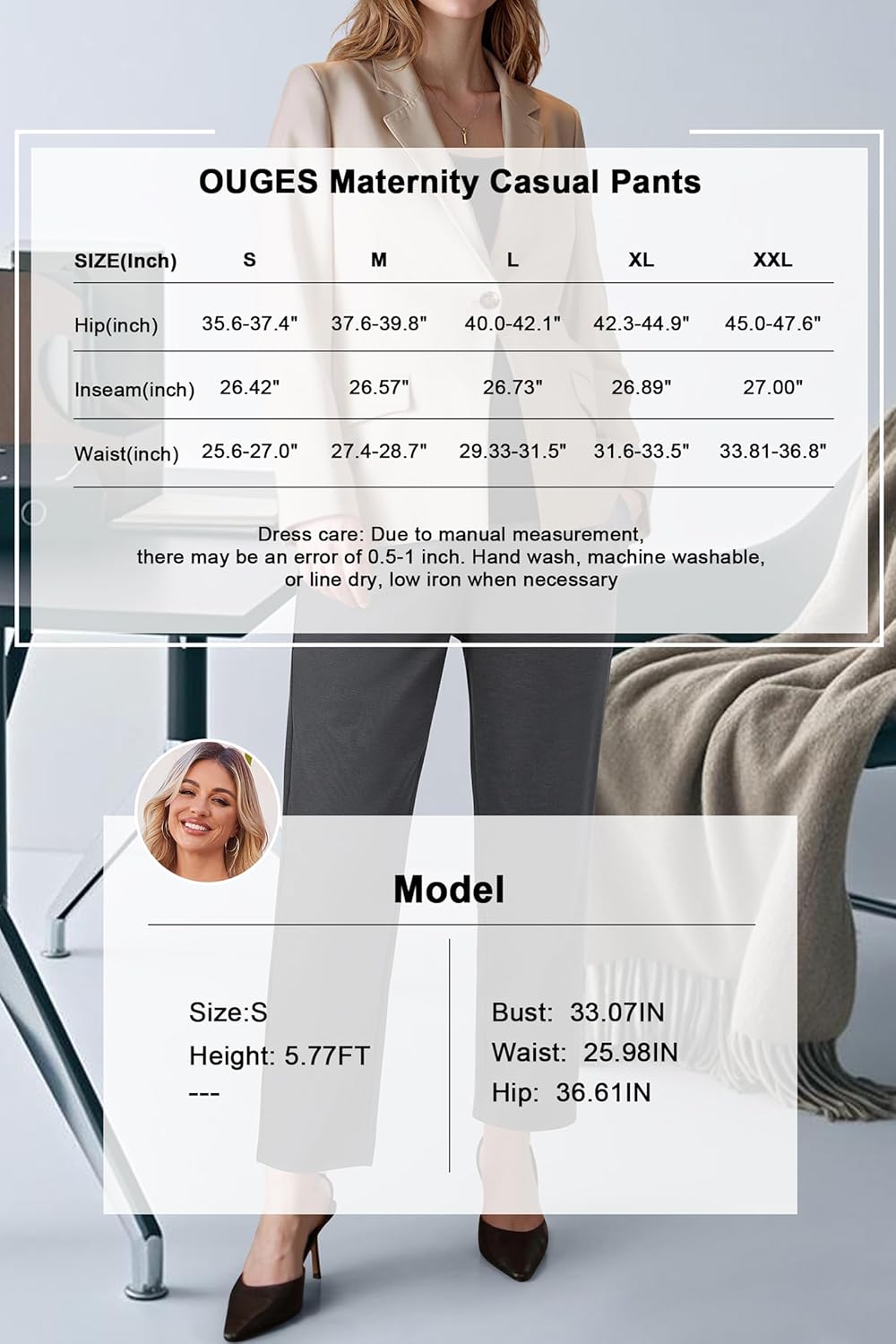 OUGES Womens Stretchy Maternity Over Belly Casual Work Straight Leg Pants Ankle Business Office Trousers with Pockets - Image 7