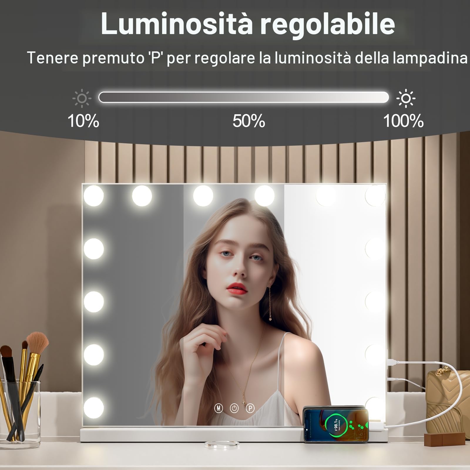 Hollywood Specchio Trucco con Luci, 50x40cm Specchio LED con 14 Lampadine Dimmerabili, 3 Modalità, USB e Ingrandimento 10x, Controllo Tattile, Tavolo o Supporto da Parete per Camera da Letto