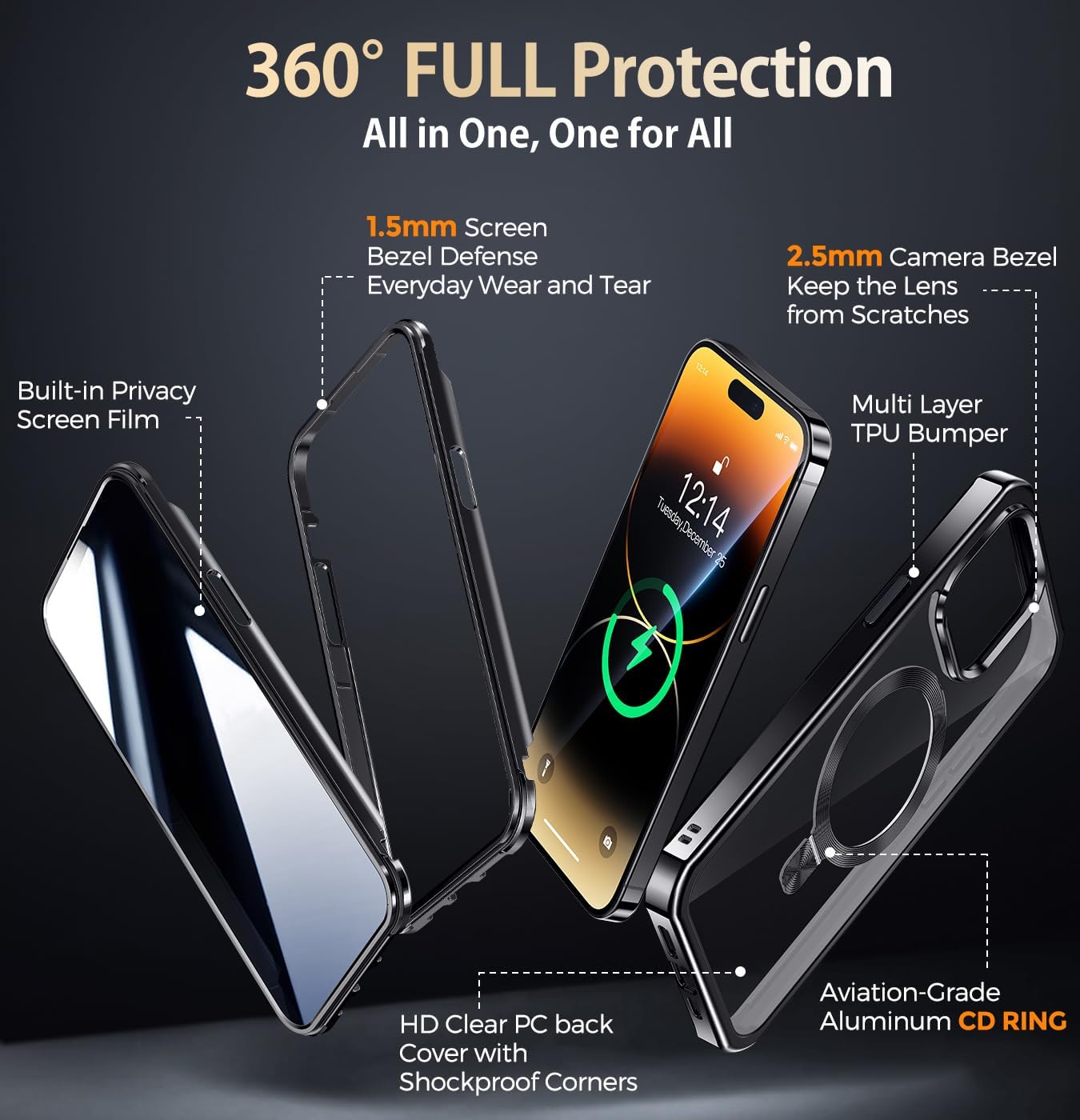 [CD Metal Ring Stand + Built-in Privacy Screen Protector] Magnetic Case for iPhone 14 Pro 6.1" [Soft Bumper Full Signal] [Compatible with MagSafe] 9H Glass Full Body Shockproof Clear Case, Black