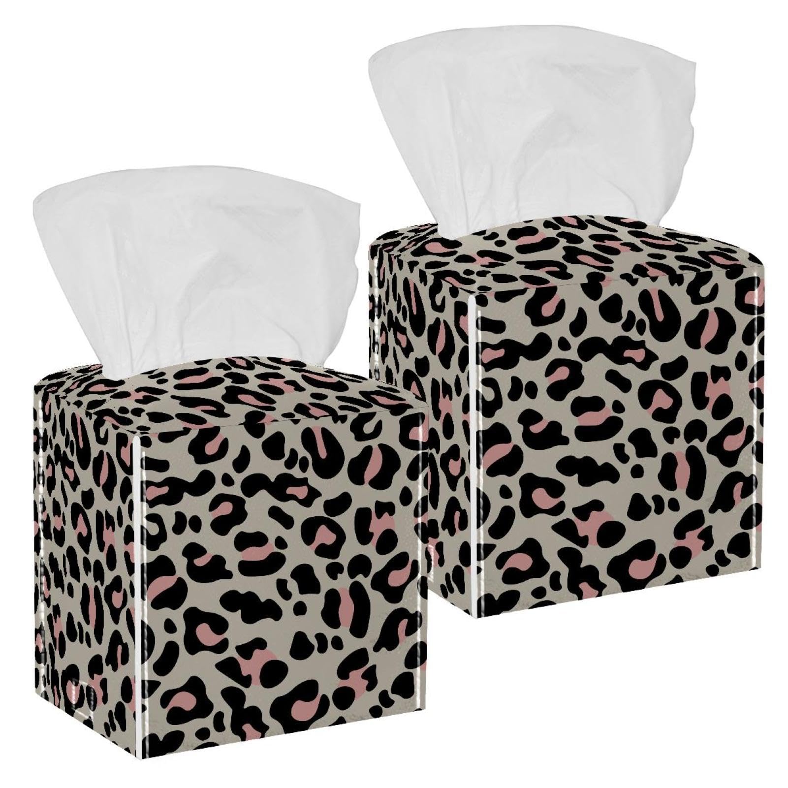 2 Pack Leopard Pattern Tissue Box Cover Holder Square Tissue Foldable Cube Cover PU Leather Tissue Organizer with Bottom Belt for Bathroom, Tabletop, Car, Night Stands, Office