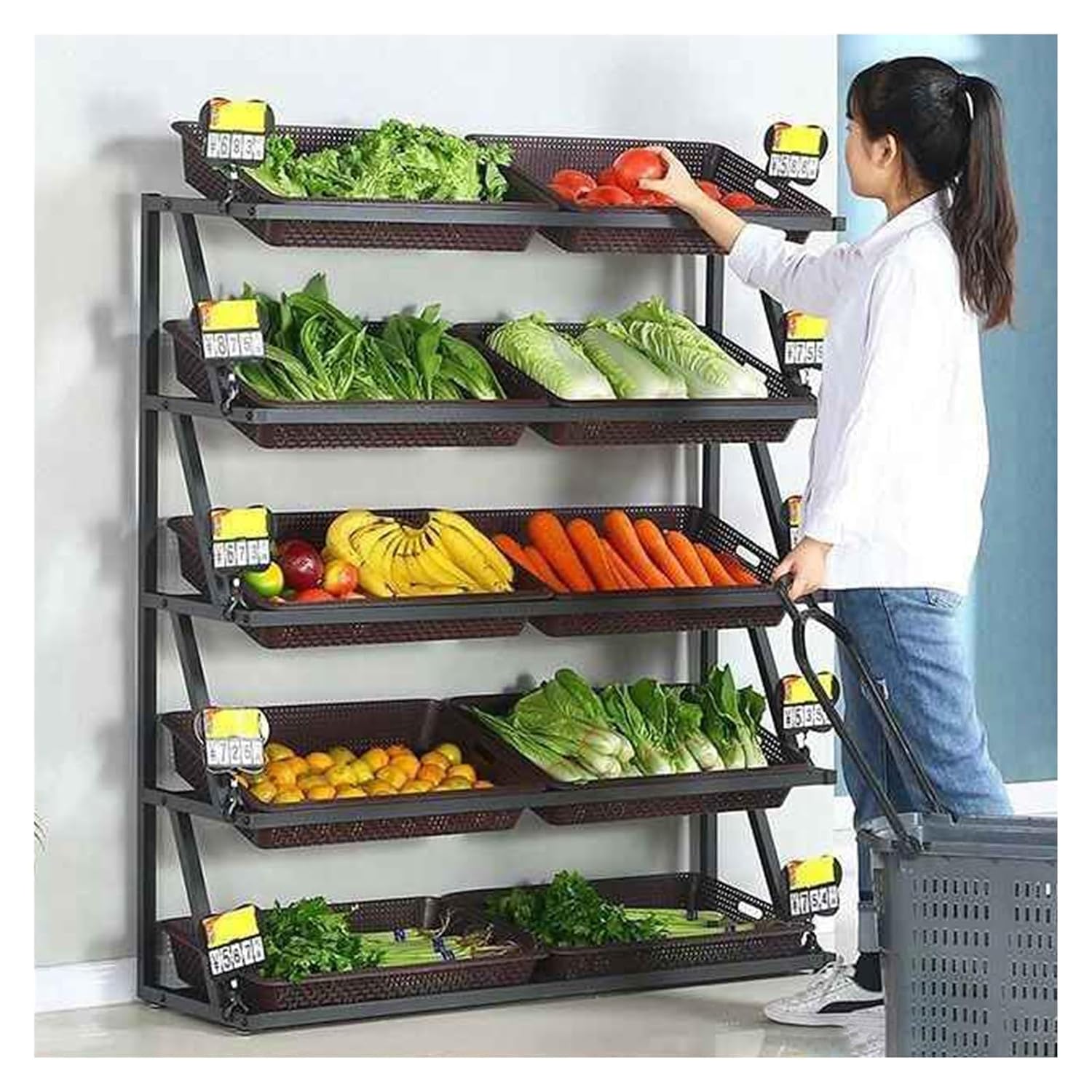 Commercial Large Capacity Supermarket Snack Display, 5 Tier Kitchen Storage Rack Fruit Vegetable Shelf Steel, Retail Store/Market Potato Onion Produce Organizer(Black)
