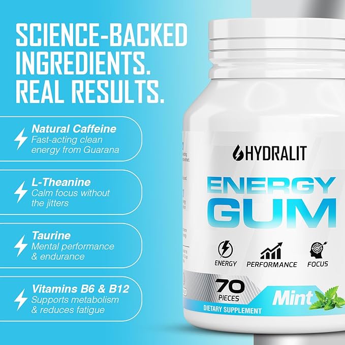 Chicle Energy Gum con Cafeína, Vitaminas B, Taurina Sin Azúcar Sabor Menta 70 Unidades miniatura 2