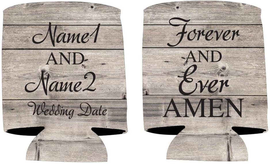 VictoryStore Rustic Wedding Can Coolers – Custom “Forever and Ever Amen” Design – Personalized Party Favors for 12-16oz Cans – Set of Customizable Drink Sleeves – Made in USA, Set of 100