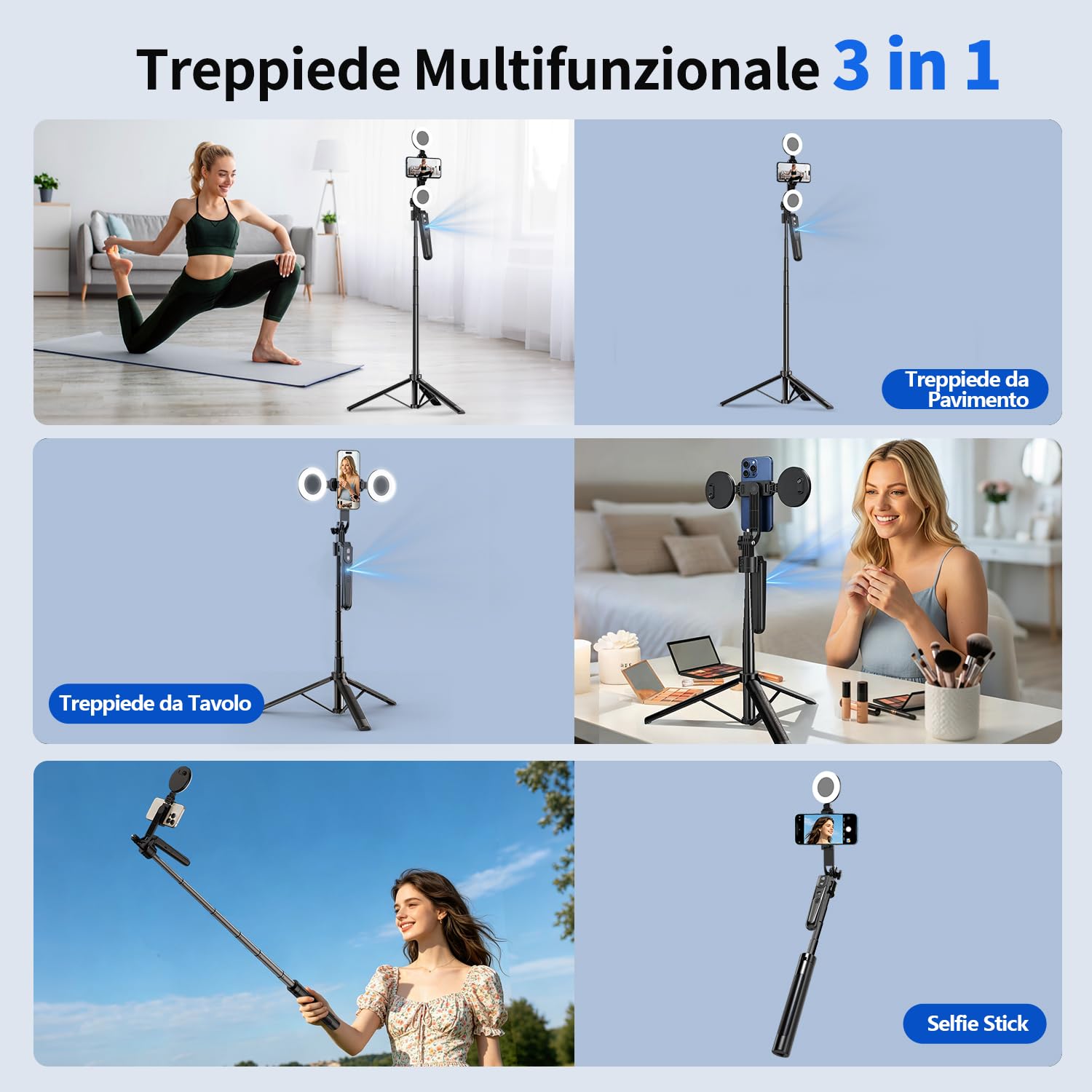 yAyusi Automatico Volto Rilevamento Treppiede con Luce, Senza App, 360° Rotazione 180cm Treppiede per Telefono con Sensore di Movimento, Supporto per Telefono con Doppie Luci per Vlog/Video/Stream