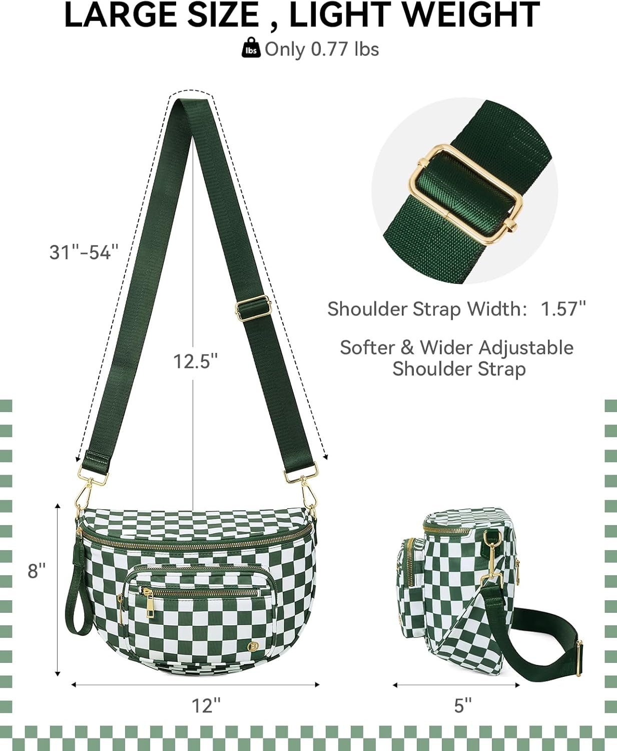 BOSTANTEN Crossbody Bags for Women Cross Body Purse Checkered Bum Bag, Large Diaper Purse for Moms, Perfect for Work/Travel - Image 3