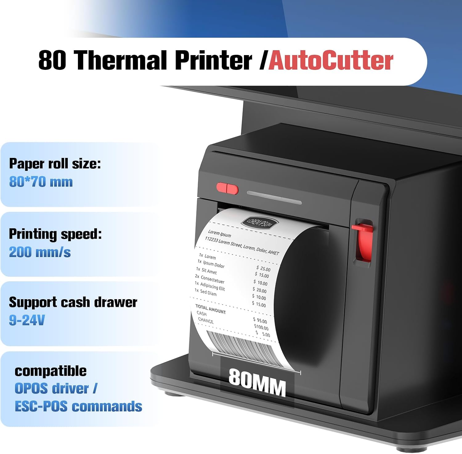 Close-up of the built-in 80mm thermal printer showing paper roll size, printing speed, and compatibility information.