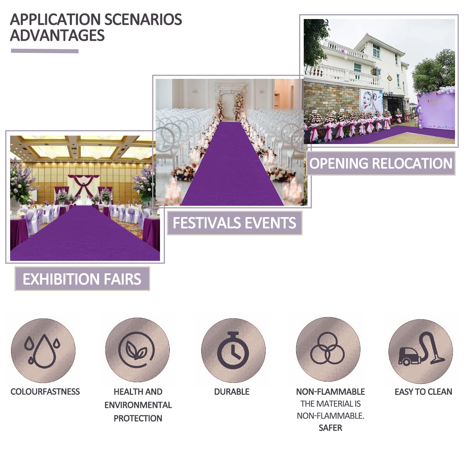 Hochzeits-Gangläufer – 10 m, 20 m, 30 m, 50 m, Event-Teppich, lila, Runway-Teppich, rutschfester Braut-Gehweg-Teppich für Hochzeiten, Zeremonien, Dekoration, Kirchenpartys im Freien, 2 mm Polyester (