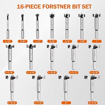 KENDO Forstner Bit Set, 16-Piece Alloy Steel for Woodworking