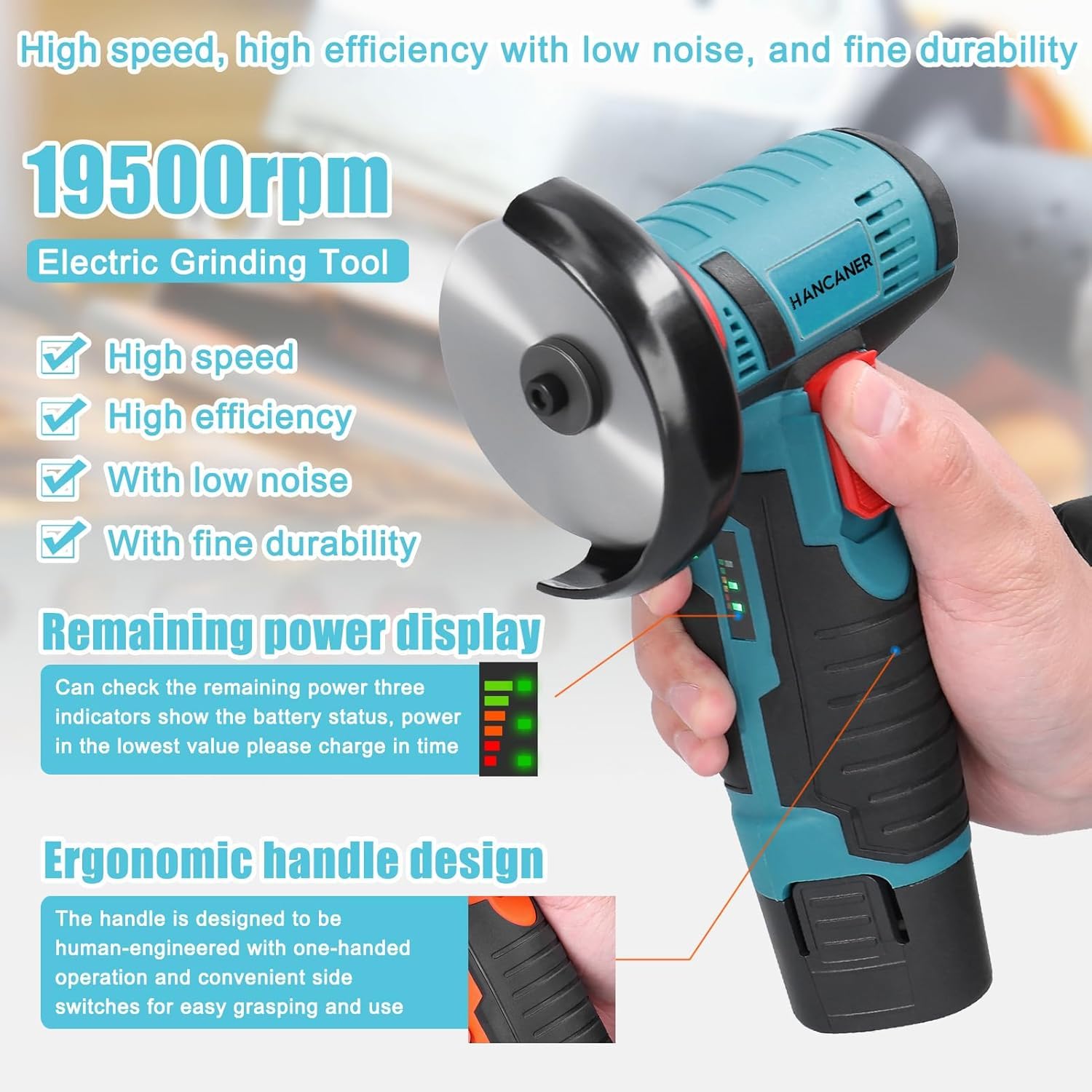 Hancaner Mini Smerigliatrice ad angolo senza fili 19500 RPM 12V Professional Dischiatore Senza Fili | 2 Batteria 2.0 Ah | 6 Dischi da Troncare 76mm | Smerigliatrice Angolare Senza Fili per Rettifica e