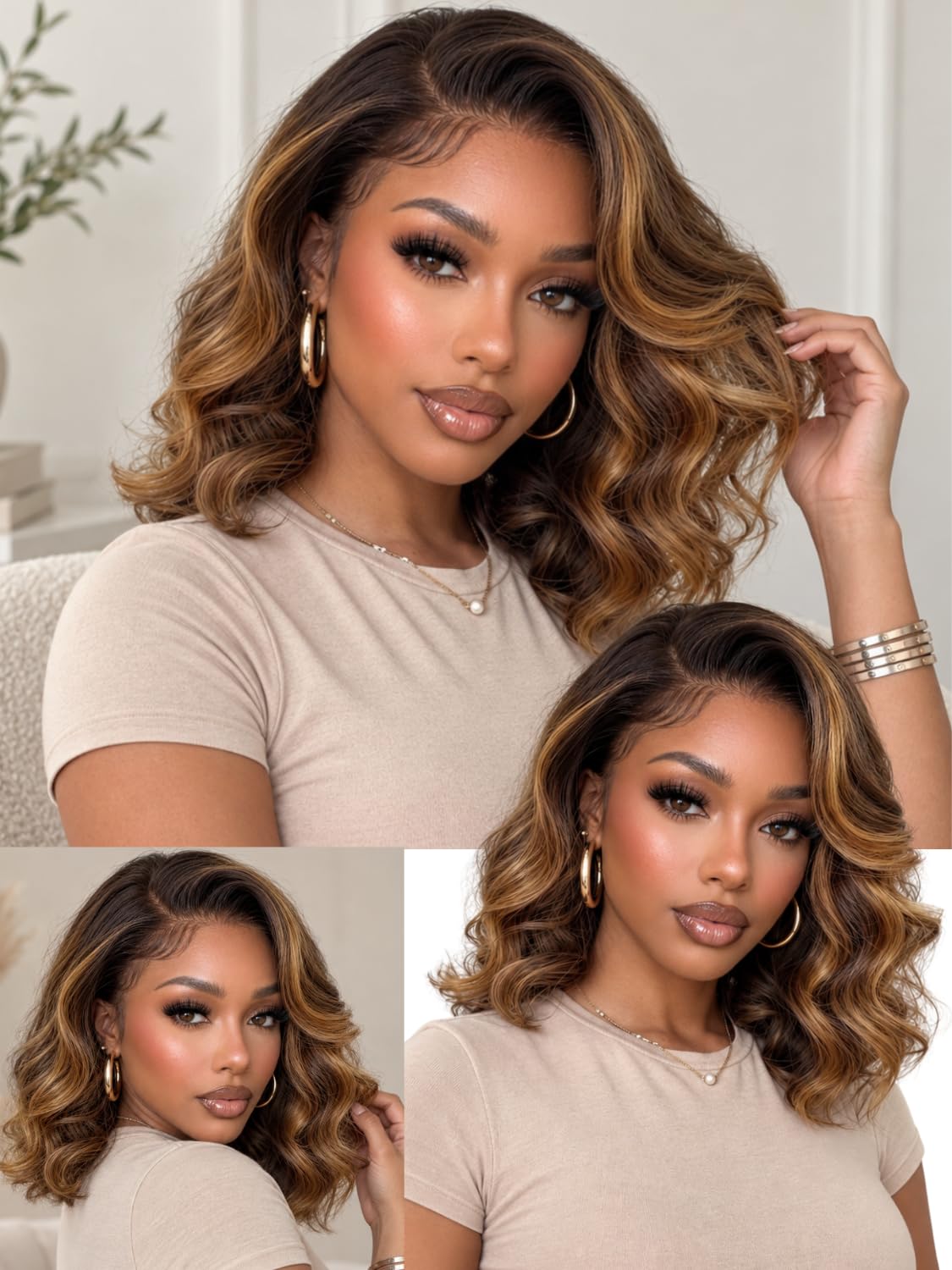 Nadula 7x5 Glueless Highlight Wavy Bob Wig Human Hair for Black Women Bob Wavy| Ombre Brown With Blonde Highlight Color|7X5 Lace 12 Inch