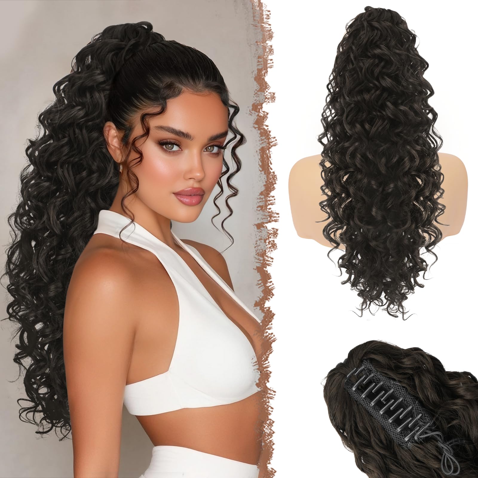 Postiche cheveux noir brun ondulé à fixation rapide par pince - 7