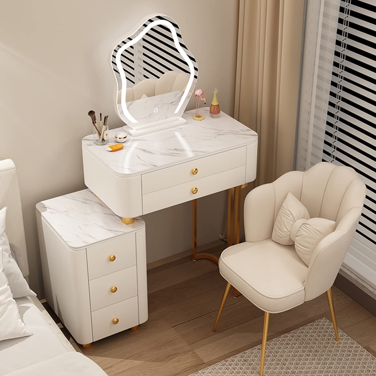 asdchZen Minimalist Makeup Vanity Table With Storage Drawers & Removable Mirror, Cushioned Stool For Women & Girls-Stylish Dressing Table For Bedroom,3-50cm/19.6in