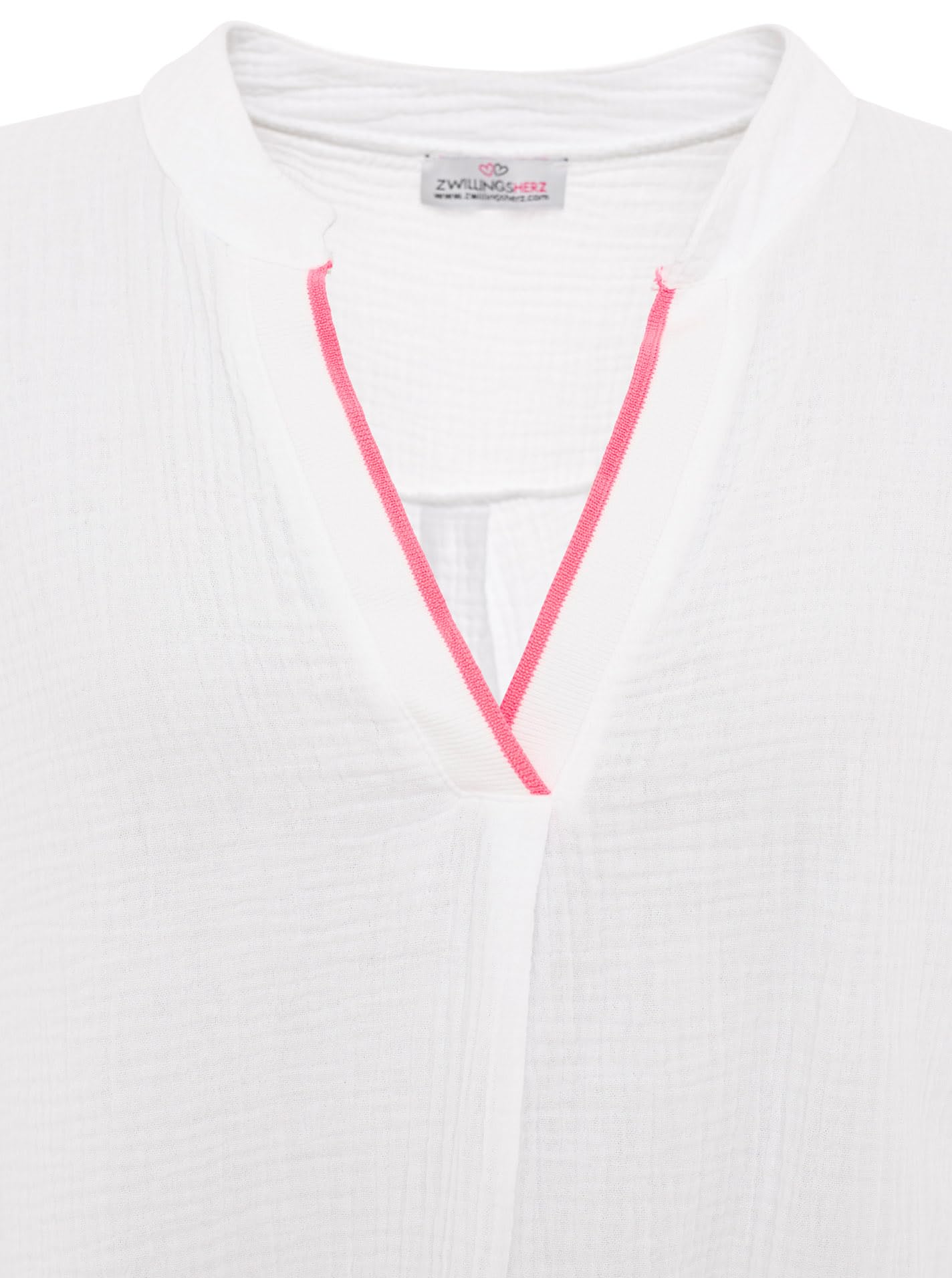 Zwillingsherz Damen Musselin Tunika mit Neon Kante – Luftige Bluse aus 100% Baumwolle – Sommer Oberteil mit V-Ausschnitt und 3/4 Arm – Locker geschnittenes Longshirt für Freizeit Urlaub Strand