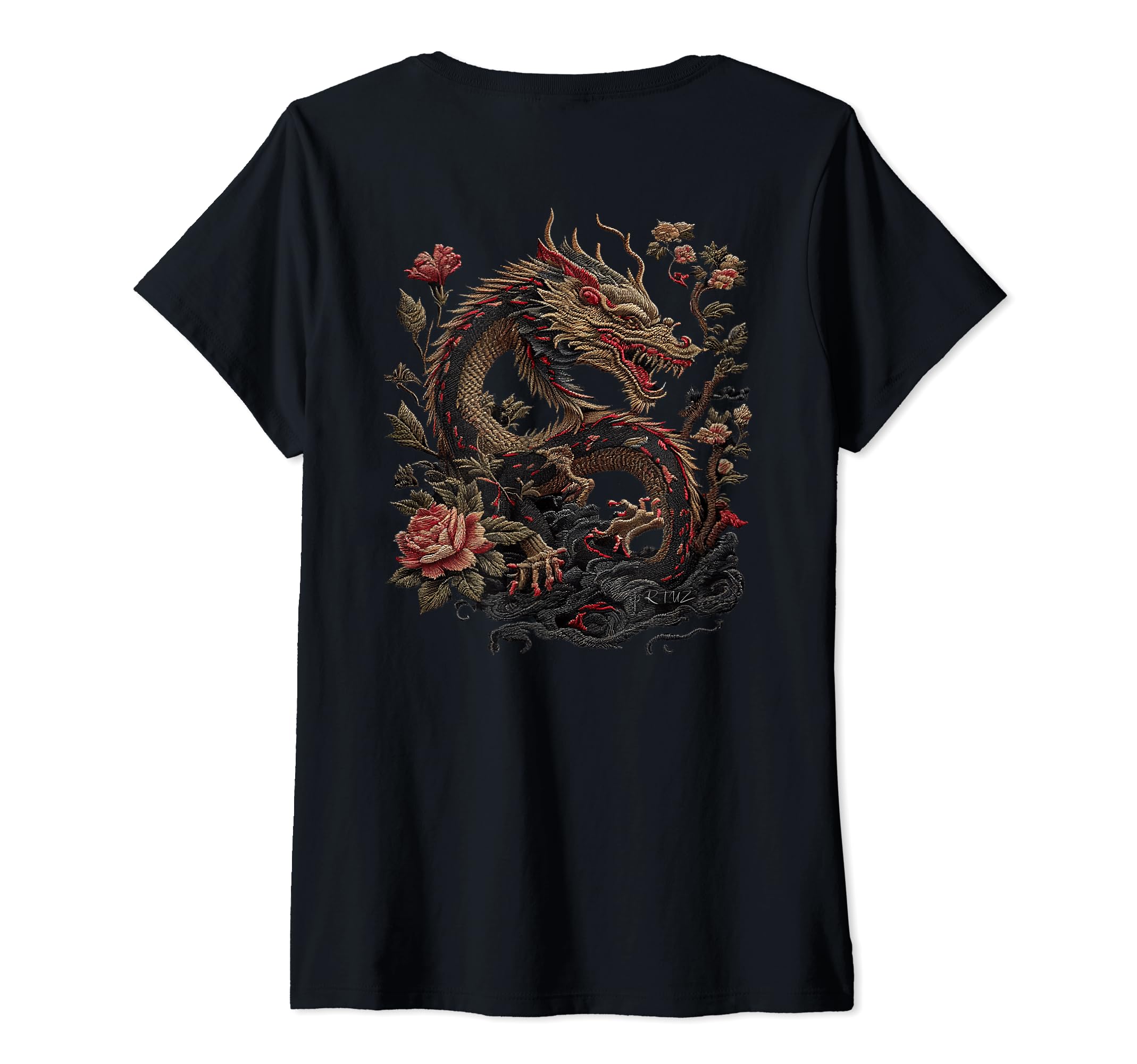 RTUZWomens Elegant chinese Yin and Yang calligraphy dragon V-Neck T-Shirt