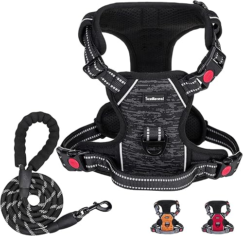 SCENEREAL Arnés y correa para perro sin tirones chaleco reflectante ajustable y acolchado suave de 360 con correa resistente de 5 pies para perro y
