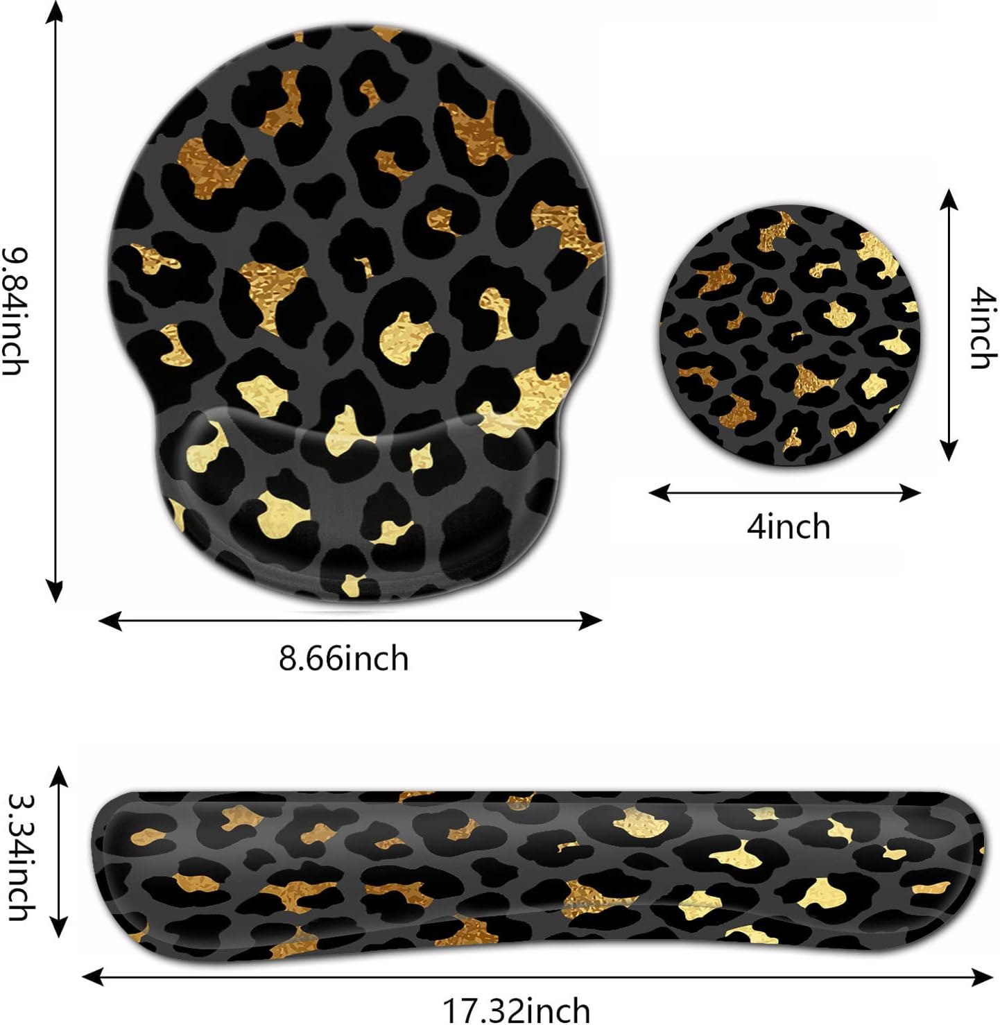 Ergonomic Gel Mouse Pad Wrist Support + Memory Foam Keyboard Wrist Rest for Home Office Gaming Desk Pad,Easy Typing Pain Relief Hand Rest Pad,Cute Round Desk Mat Gold Leopard Pattern Black Mousepads