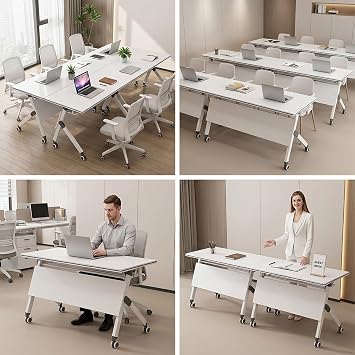Mobile Folding Conference Table with Flip Top, Modular Meeting & Training Desk with Wheels, Space-Saving Nesting Table for Office, Classroom, School