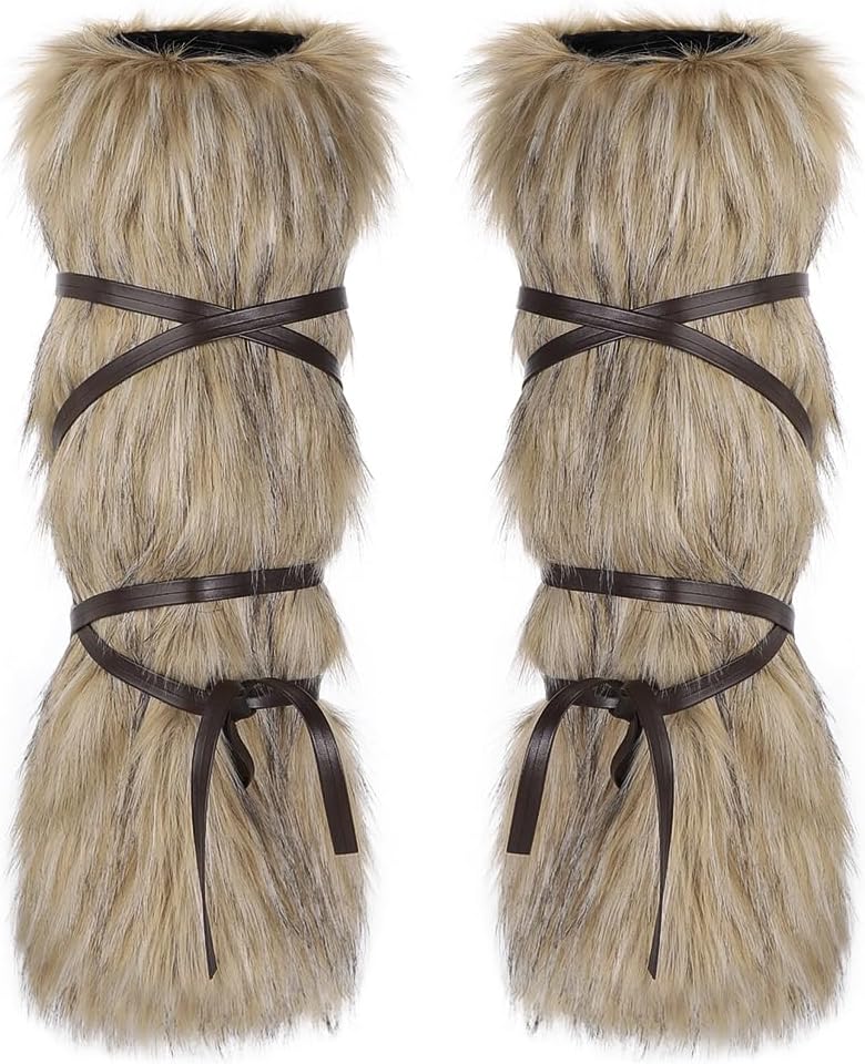 Viking Faux Fur Leg Warmers with Leather Straps Wrap Furry Boot Covers Warrior Cosplay Costume Accessory for Women Men