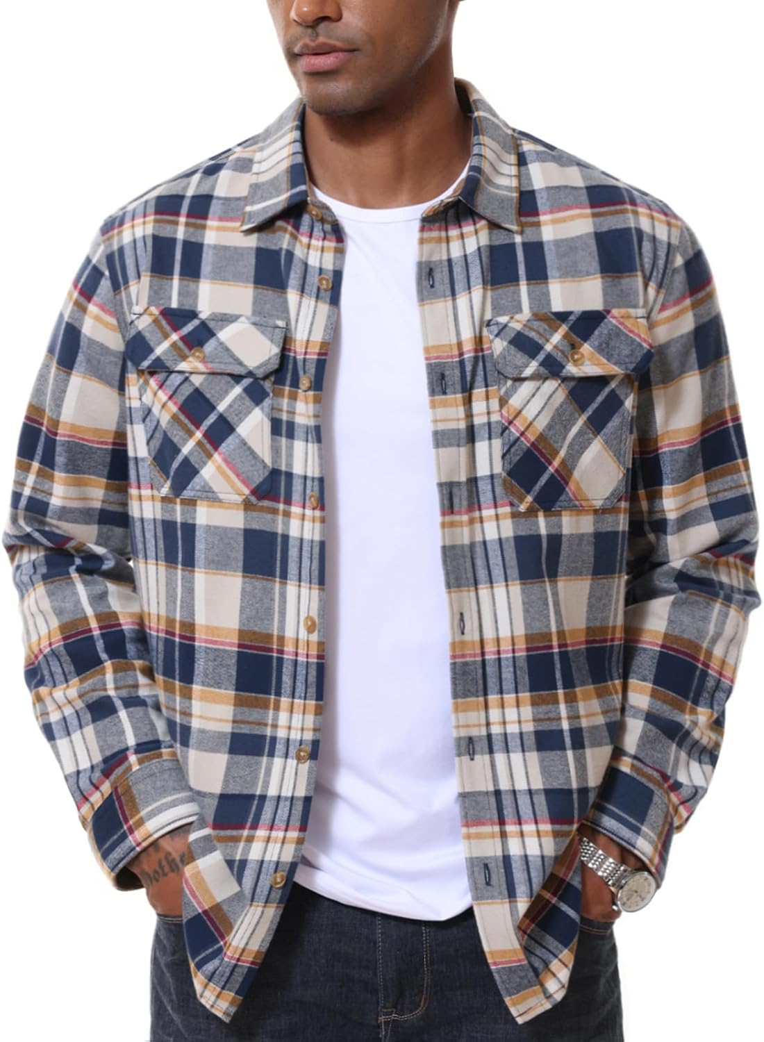 MAGNIVIT Flannel Shirt for Men Plaid Button Down Shirt Casual Lightweight Cotton Shirt with 2 Chest Pockets