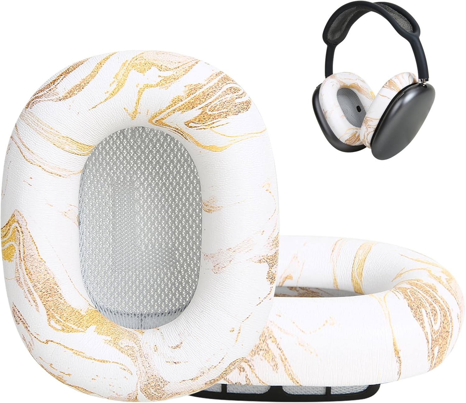 Ear Cushion Pads for AirPods Max Earpads Replacement with Protein Leather, Memory Foam and Magnet, Gorgeous and Luxury Style with White Gilding Pattern
