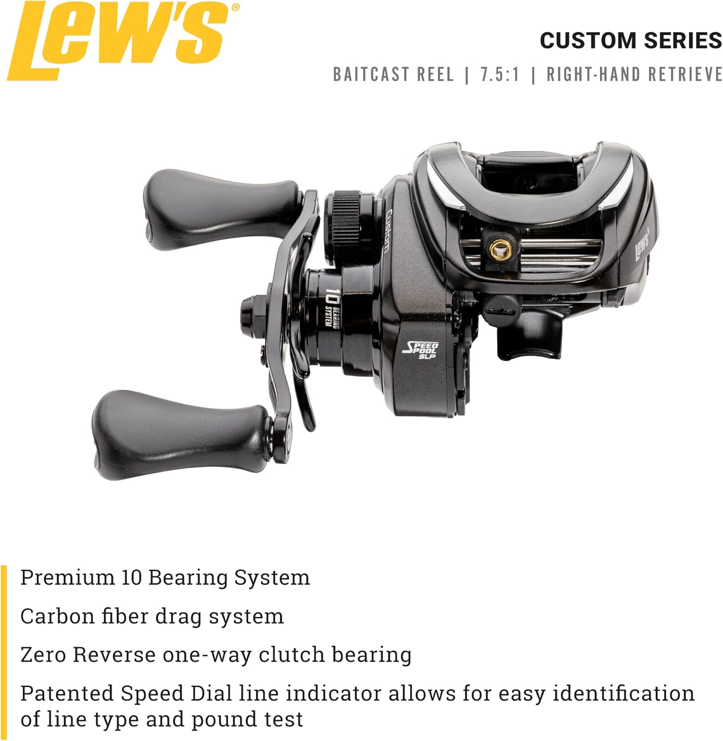 Lew’s Custom Baitcast Fishing Reel, 9+1 Bearings, Aluminum Frame and Sideplates, ParaMag RX Brake, Carbon Fiber Drag, Speed Gears, Black/Silver