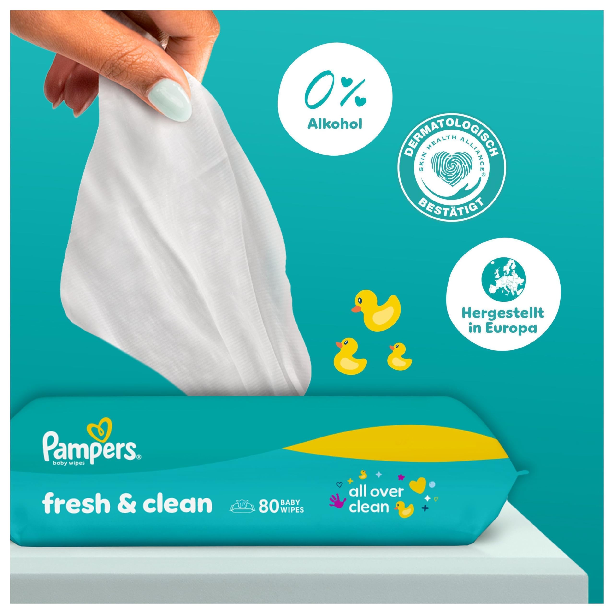Pampers Fresh Clean Feuchttücher 15 Packungen mit 80 Stück, 1200 Feuchttücher, milder Duft, auch für Hände und Gesicht geeignet
