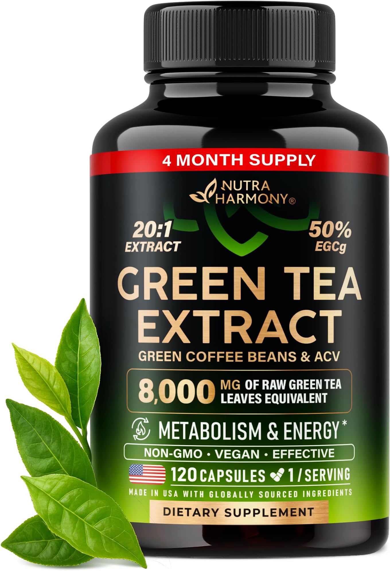 Green Tea Extract - 50% EGCG, Extra Strength 20:1 Extract - Natural Green Tea Supplement + Green Coffee Beans & Apple Cider Vinegar - Energy & Metabolism Support - for Men & Women - Vegan 120 Capsules