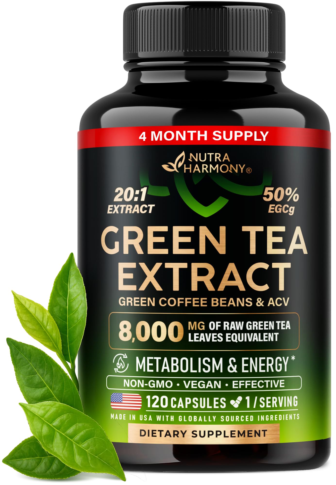 Green Tea Extract - 50% EGCG, Extra Strength 20:1 Extract - Natural Green Tea Supplement + Green Coffee Beans & Apple Cider Vinegar - Energy & Metabolism Support - for Men & Women - Vegan 120 Capsules
