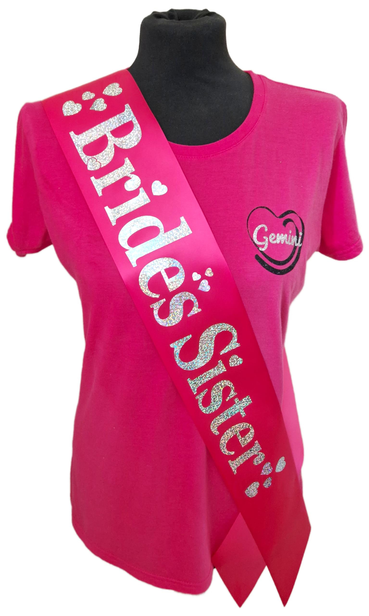 Hen Party Sashes - Beautiful fuchsia satin ribbon with silver holographic text and heat embelishments - (Brides Sister)