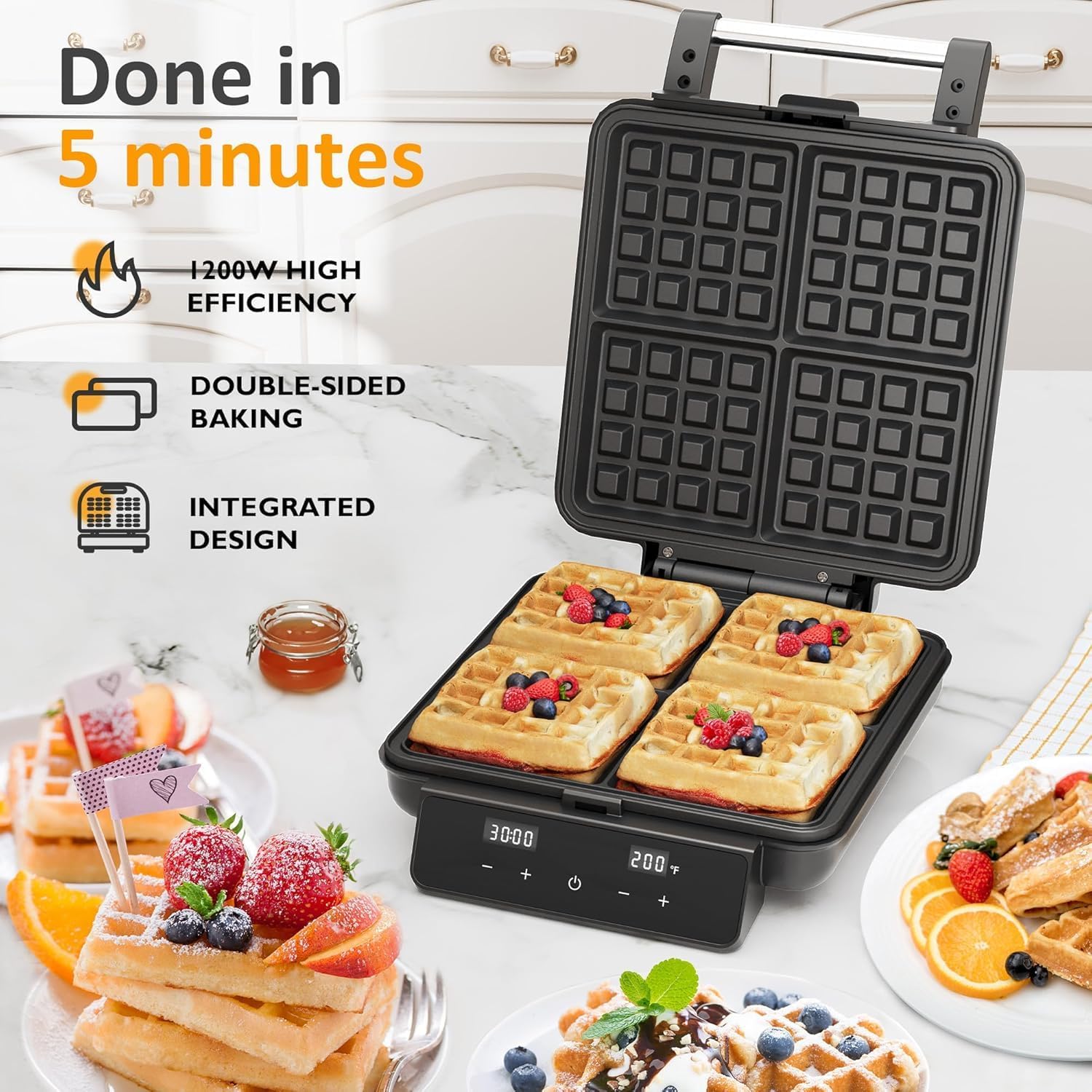 4-Slice Waffle Maker with Nonstick Surface, 1200W Waffle Iron, Time & Temperature Control, LCD Display, Perfect Waffle Maker for Kids and Families, Stainless Steel, Silver