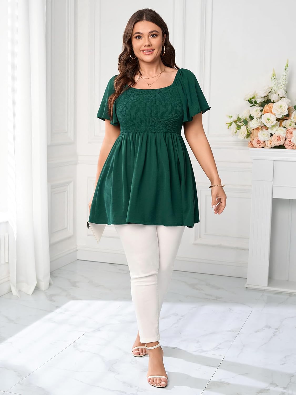 Women's Plus Size Dressy Tops Square Neck Short Sleeve Smocked Peplum Blouse Tops Shirts - Image 6